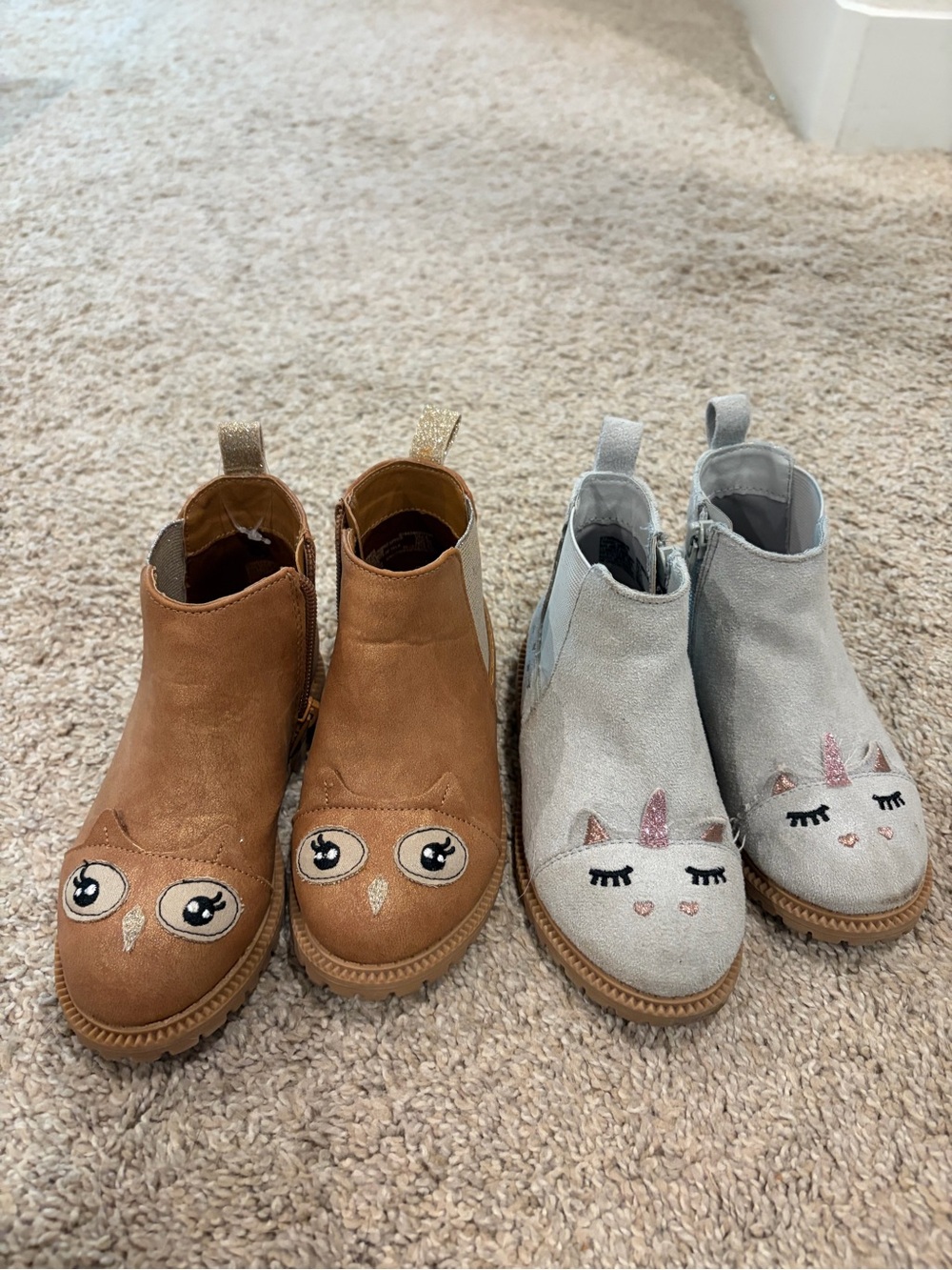 Kids Brown Owl & Light Gray Unicorn Chelsea Boots - Cute Animal Slip-On